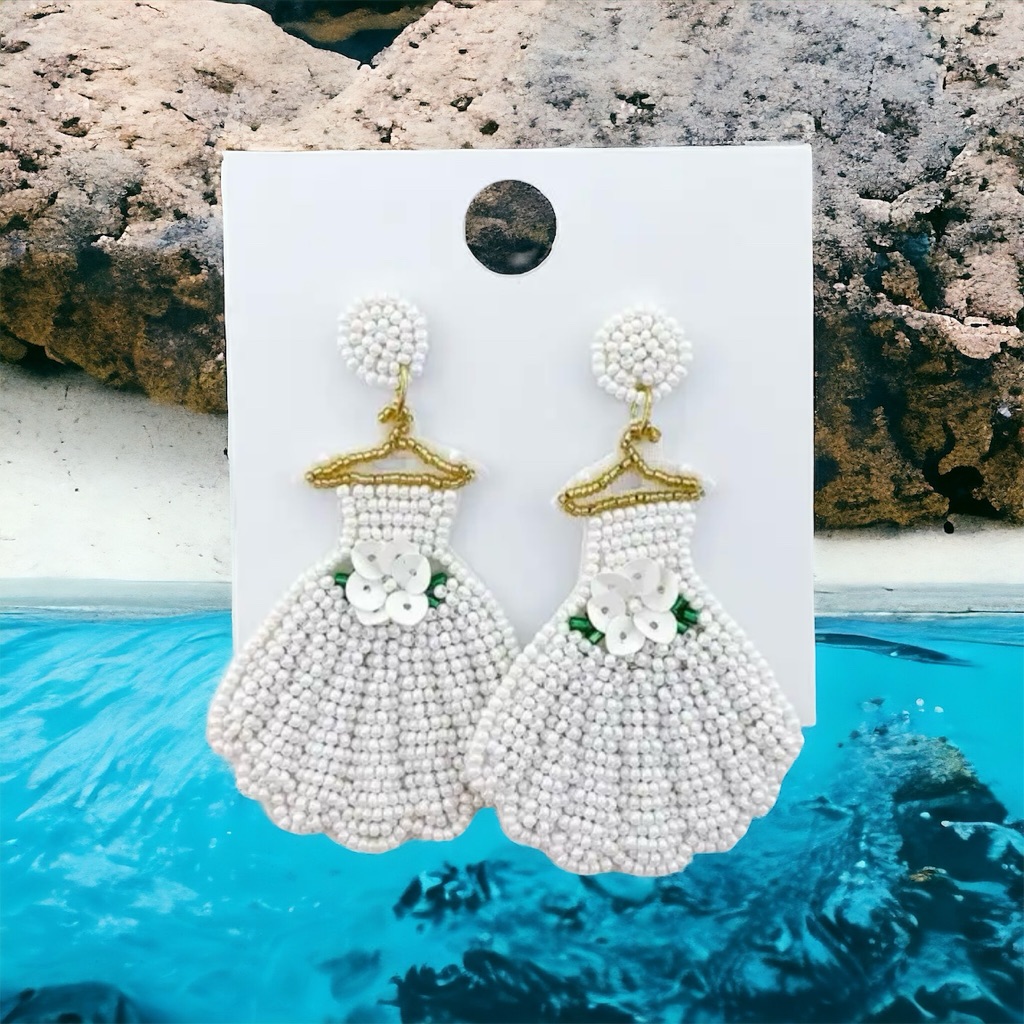 New Beaded Bride White Wedding Dress Earrings